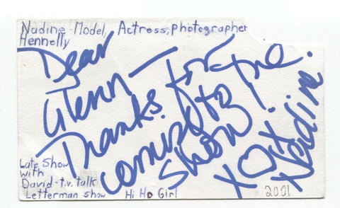 Nadine Hennelly Signed 3x5 Index Card Autographed Model David Letterman Show