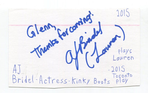 AJ Bridel Signed 3x5 Index Card Autographed Actress Odd Squad My Little Pony