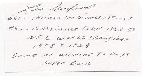 Leo Sanford Signed 3x5 Index Card Autographed NFL Football 1958 Baltimore Colts