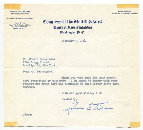 Francis E. Dorn Signed Letter Autographed Signature Politician