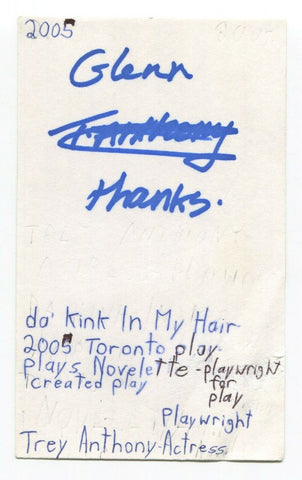 Trey Anthony Signed 3x5 Index Card Autographed Da Kink In My Hair Playwright