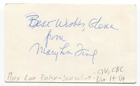 Mary Lou Finlay Signed 3x5 Index Card Autographed Signature Canadian Journalist
