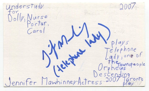Jennifer Mawhinney Signed 3x5 Index Card Autographed Actress Fringe Whistler