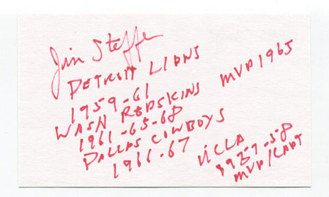 Jim Steffen Signed 3x5 Index Card Autographed NFL Football Detroit Lions