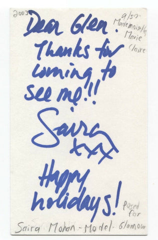 Saira Mohan Signed 3x5 Index Card Autographed Signature Actress Model