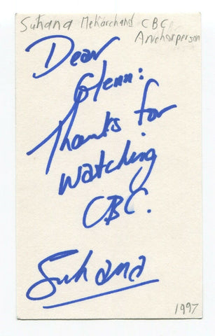 Suhana Meharchand Signed 3x5 Index Card Autographed Canadian Journalist Anchor