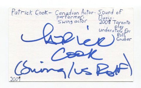 Patrick Cook Signed 3x5 Index Card Autographed Actor Letterkenny