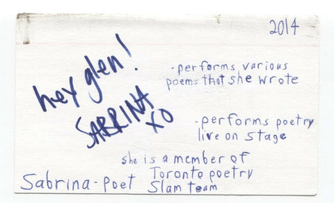 Sabrina Benaim Signed 3x5 Index Card Autographed Signature Author Poet