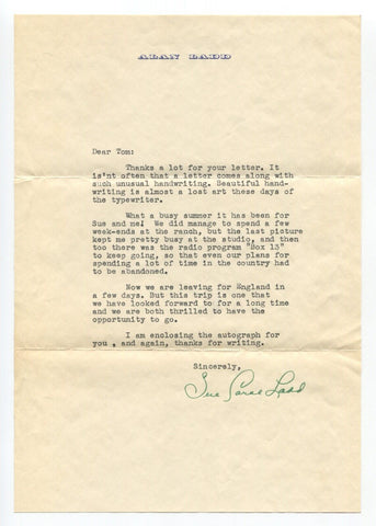 Sue Carol Signed Letter From 1948 Autographed Actress Alan Ladd's Wife