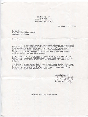 Ed Begley Jr. Signed Letter Autographed TLS AUTO  BATMAN Content