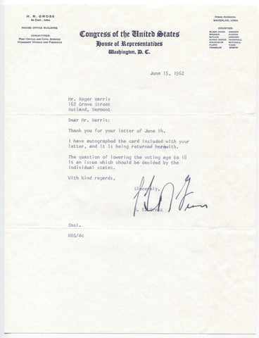 H.R. Gross Signed Card Autographed Signature Politician 