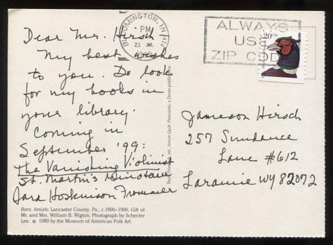 Sara Hoskinson Frommer Signed Post Card Autographed Mystery Author