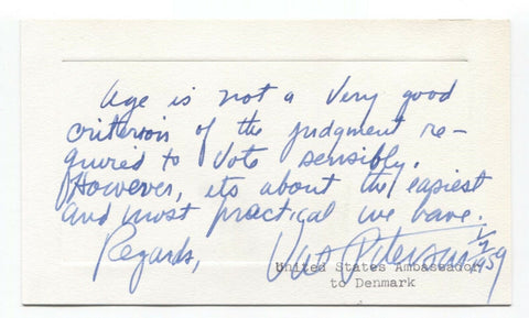 Val Peterson Signed Card Autographed Signature Nebraska Governor