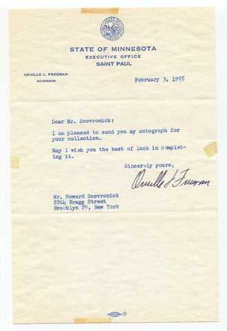 Orville Freeman Signed Letter Autographed Signature Minnesota Governor