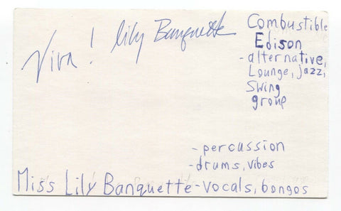 Combustible Edison - Miss Lily Banquette Signed 3x5 Index Card Autographed