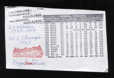 Virgil Trucks Signed Stat Sheet Autographed Baseball Signature No Hitter