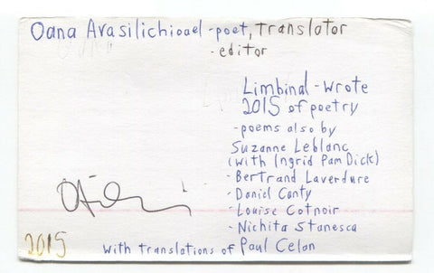 Oana Avasilichioaei Signed 3x5 Index Card Autographed Signature Author Writer