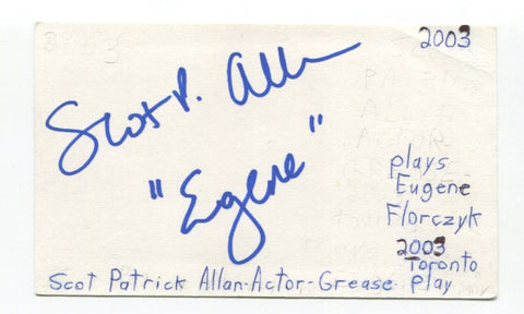 Scot Patrick Allan Signed 3x5 Index Card Autograph Actor Grease Play