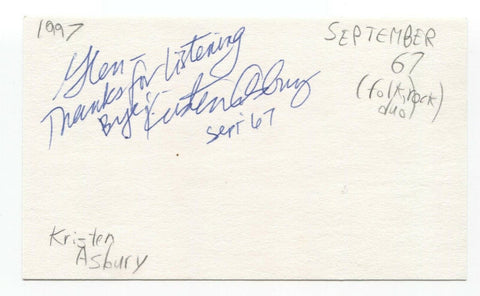 September 67 - Kristen Asbury Signed 3x5 Index Card Autographed Signature