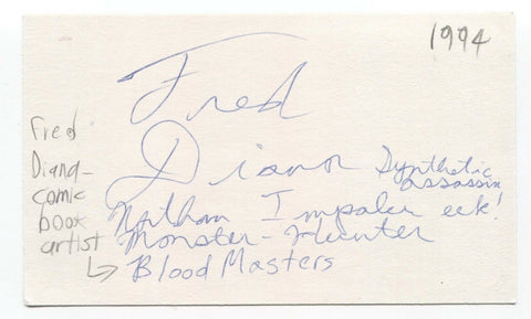 Fred Diana Signed 3x5 Index Card Autographed Comic Book Artist Diand