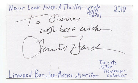 Linwood Barclay Signed 3x5 Index Card Autographed Signature Writer Author