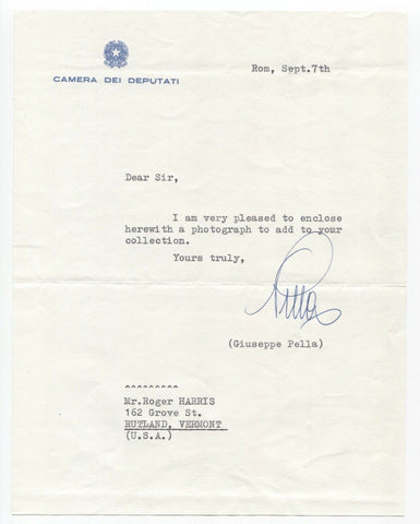 Giuseppe Pella Signed Letter Autographed Signature Italian Politician