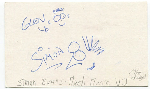 Simon Evans Signed 3x5 Index Card Autographed Signature Much Music VJ