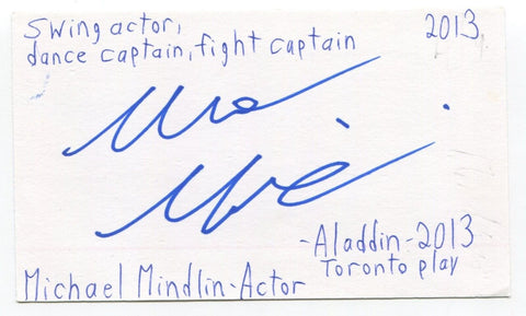 Michael Mindlin Signed 3x5 Index Card Autographed Actor Dancer Aladdin