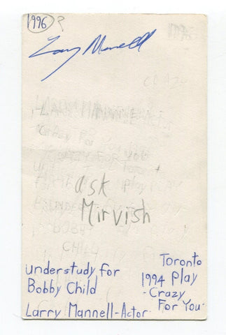 Larry Mannell Signed 3x5 Index Card Autographed Actress Kids In The Hall Avonlea