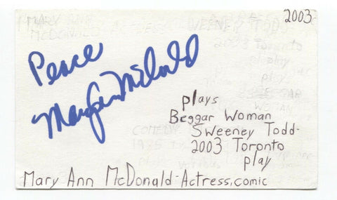 Mary Ann McDonald Signed 3x5 Index Card Autographed Signature Comedian Actress