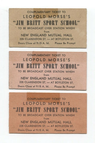 Jim Britt Sport School 3 Vintage Ticket Stubs Boston Red Sox Announcer Baseball