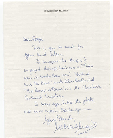 Millicent Martin Signed Handwritten Letter Autographed Signature English Actress