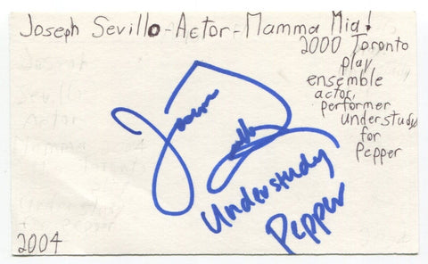 Joseph Sevillo Signed 3x5 Index Card Autograph Actress Mamma Mia Prison Dancer