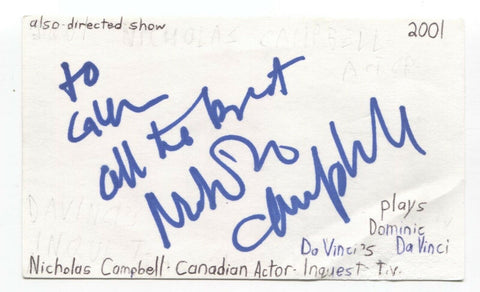 Nicholas Campbell Signed 3x5 Index Card Autograph Signature Actor Filmmaker