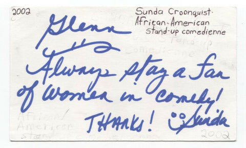 Sunda Croonquist Signed 3x5 Index Card Autographed Signature Comedian Actress