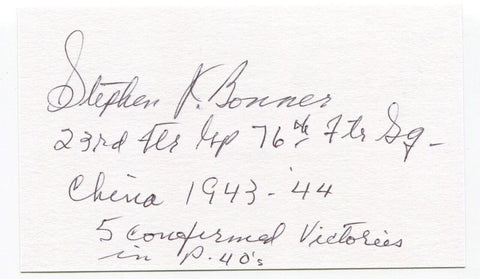 Steve Bonner Signed 3x5 Index Card Autographed WWII Fighter Pilot