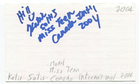 Katie Soltis Signed 3x5 Index Card Autographed Signature Miss Teen Canada 2004
