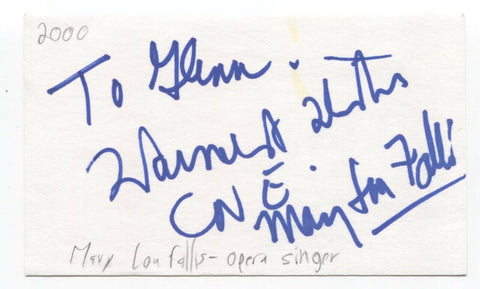 Mary Lou Fallis Signed 3x5 Index Card Autographed Signature Opera Singer