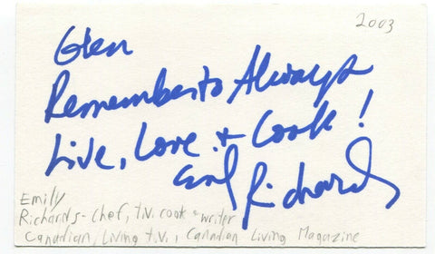 Emily Richards Signed 3x5 Index Card Autographed Signature Canadian Living Chef