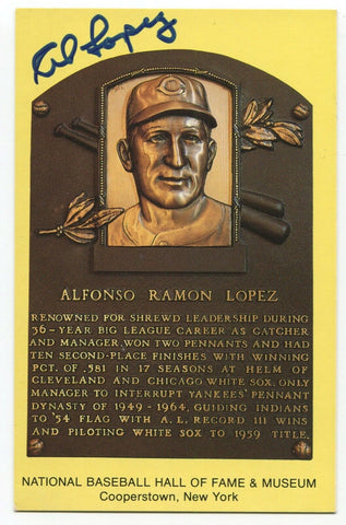 Al Lopez Signed Gold HOF Plaque Baseball Hall of Fame Autographed Postcard