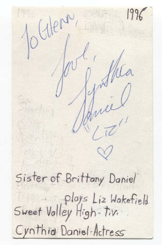 Cynthia Daniel Signed 3x5 Index Card Autograph Actress Sweet Valley High