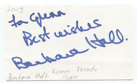 Barbara Hall Signed 3x5 Index Card Autographed Signature Toronto Mayor