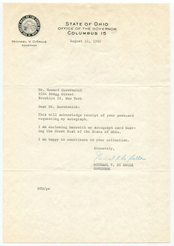Michael DiSalle Signed Letter Autographed Signature Ohio Politician Governor