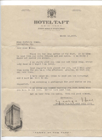 George Hall Signed Letter from 1932 Orchestra GREAT CONTENT  Autographed TLS