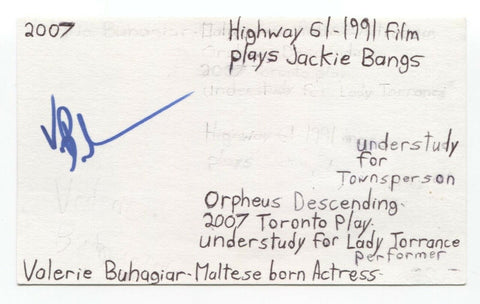 Valerie Buhagiar Signed 3x5 Index Card Autographed Signature Actor