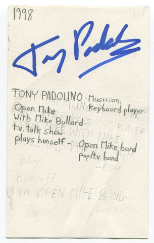 Tony Padolino Signed 3x5 Index Card Autograph Musician Open Mike Bullard Band