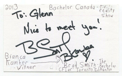 Bianca Kamber Signed 3x5 Index Card Autographed Canada Bachelor Winner