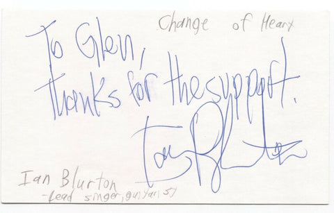 Change of Heart Ian Blurton Signed 3x5 Index Card Autographed Signature Band