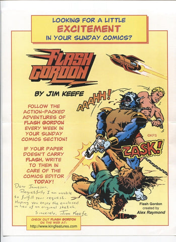 JIm Keefe Signed Comic Strip Copy Autographed Signature Cartoonist Flash Gordon