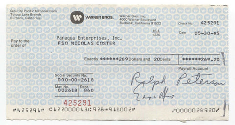 Nicolas Coster Signed Bank Check Autographed Signature Star Trek TNG Buck Rogers